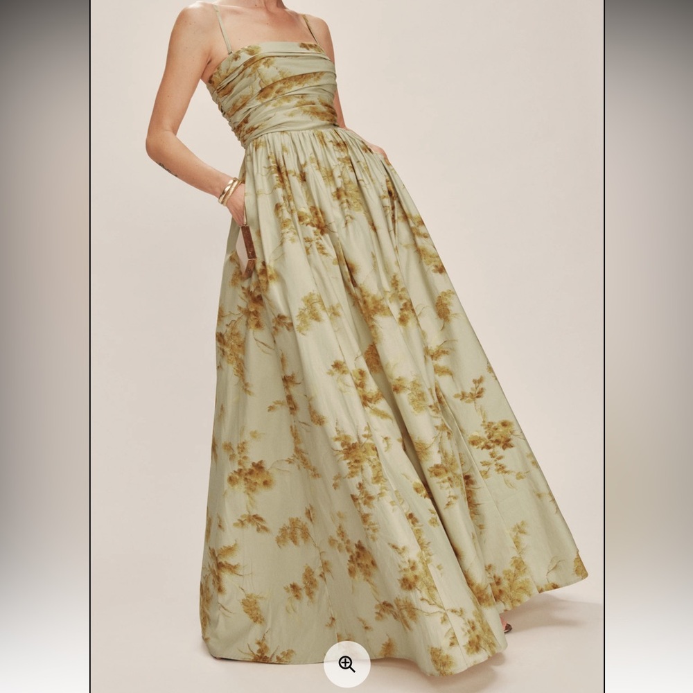 Reformation Sage Green and Mustard Floral Strapless Maxi Dress